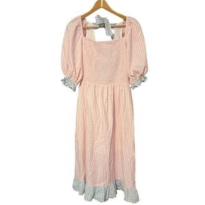 Pink Gingham Midi Dress with Puff Sleeves